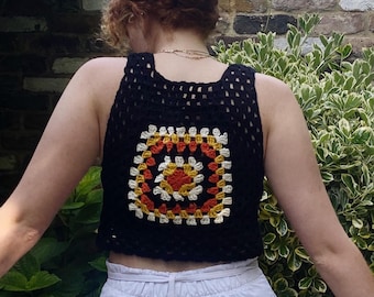 70s Crochet Granny Square Vest Pattern, Vintage Boho Crochet Top, Retro DIY Craft Tutorial