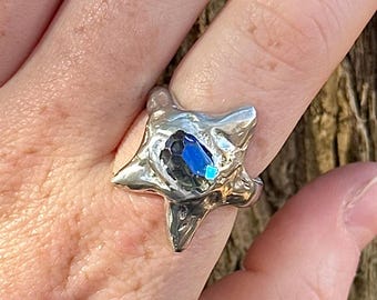 Blue Glass Wonky Star Ring | Handmade Soft Solder Jewellery, Artisan Jewellery, Organic Whimsigoth, Fairycore