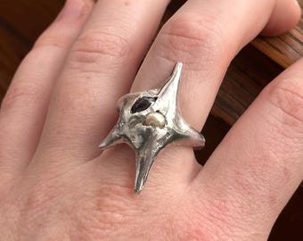 Handmade Soft Solder Star Ring | Garnet & Pearl