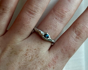 Handmade Soft Solder Ring | Blue Glass, Textured Stacking Jewelry