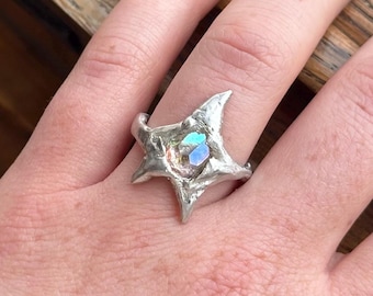Holographic Glass Star Ring | Handmade Soft Solder Jewellery, Artisan Jewellery, Organic Whimsigoth, Fairycore