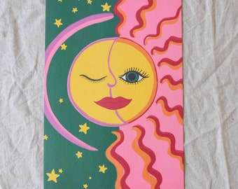 Sun and moon face poster // day-and-night allegory // celestial // bohemian // nature // gift idea