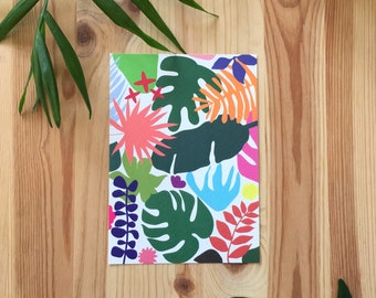 Colourful leaves & flowers A6 postcard with modern botanical print