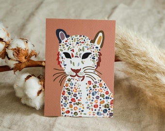 Leopard portrait A6 postcard with leopard illustration in earth tones