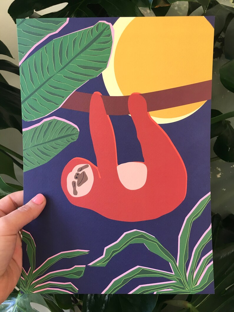 Sleepy sloth poster : Printed illustration of a sloth in the jungle by night image 3