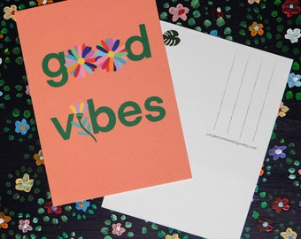 Good Vibes A6 postcard with flowers