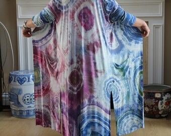 Tie Dyed Maxi Cardigan - Light Weight. Large fits 6-14. One of a Kind, Pink - Purple - Blue Geode Dye Design - Soft Stretchy Rayon - #606