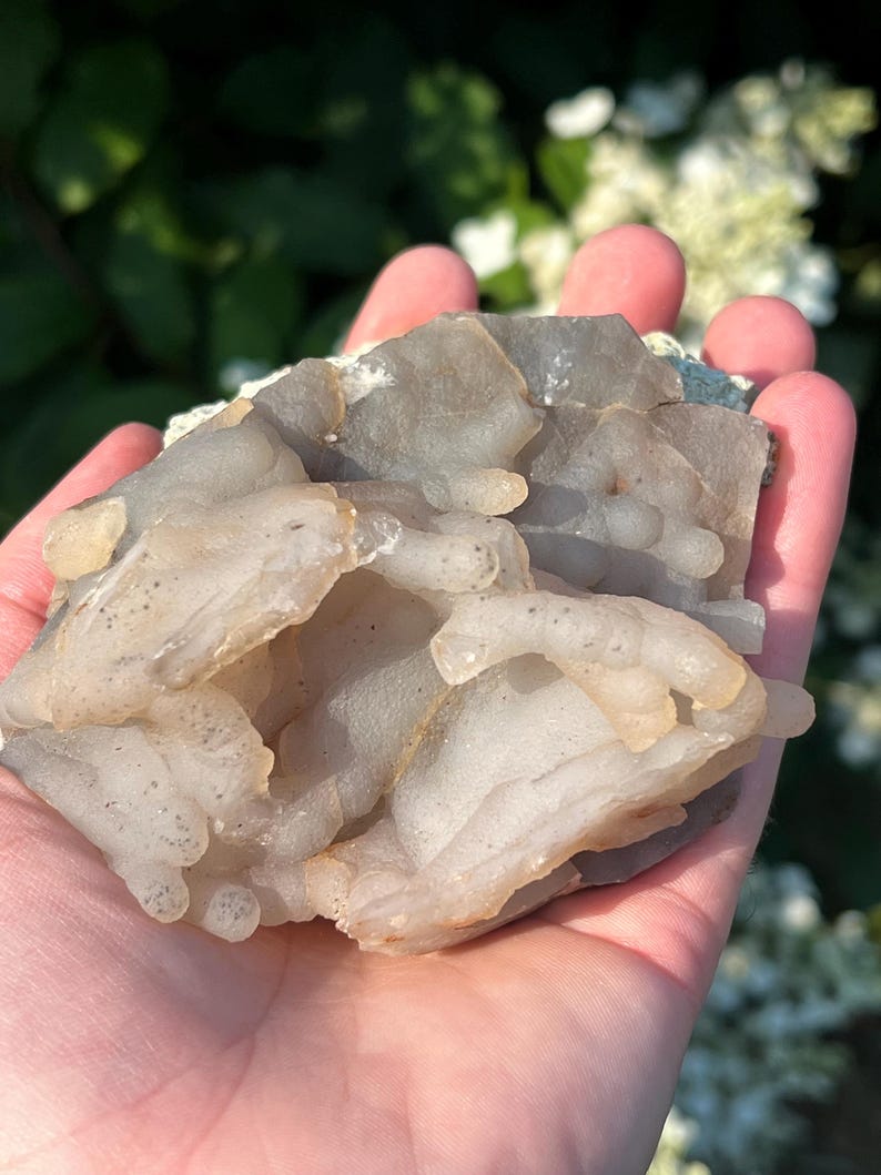 May include: A light grey and beige mineral specimen with a bubbly, layered texture. The stone is held in a hand, with a blurred green and white background. The mineral has a translucent quality, with some areas appearing more opaque.