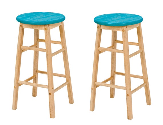 2 X Hand Painted Top Wooden Bar Stools Teal Etsy