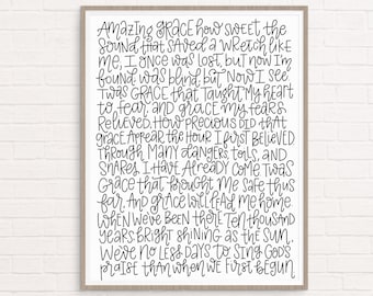 Arte de pared con letras del himno Amazing Grace, cita cristiana escrita a mano, descarga instantánea, arte imprimible de 8 x 10, 11 x 14 o 16 x 20