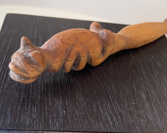 Vintage Carved Wooden Figure Stick, Animal Head
