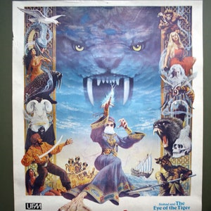 Peut inclure: Affiche de film vintage pour "Sinbad et l'Œil du Tigre". L'œuvre présente un grand visage de tigre, des créatures fantastiques et des personnages aux vêtements ornés. Le texte comprend le titre du film et la distribution.