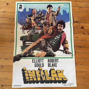 Póster original de película turca de comedia y crimen de 1974. Elliott Gould y Robert Blake