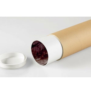 May include: A brown cardboard mailing tube with a white interior and a white lid. The tube is open, revealing a rolled-up print with a dark, patterned design. The lid is next to the tube.