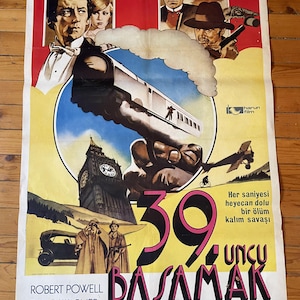 Póster original de la película de suspenso y crimen turca de 1978, Treinta y nueve escalones. Póster de película de suspenso y crimen vintage