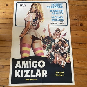 Póster original de la película turca The Pom Pom Girls de 1976. Póster vintage de película de comedia romántica.