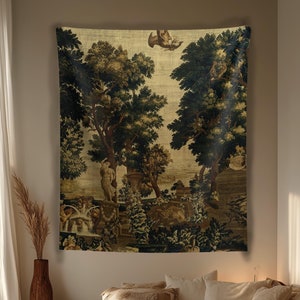 Antique forest and river view verdure created between 1700-1730 Vertical Printed Wall Tapestry