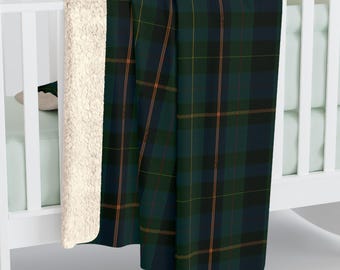 Dark Green Tartan Plaid Sherpa Fleece Blanket | Classic American Old Money Home Decor