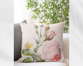 Pink Rose and Butterfly Antique painting created in 1840 Printed OUTDOOR Pillow