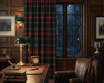 Cortina de ventana a cuadros escoceses rojo oscuro y verde, 84"/96" de alto / Estilo clásico americano de la vieja escuela.
