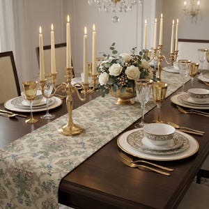 May include: A formal dining table setting with a floral centerpiece, gold candelabras with lit candles, and gold-rimmed china. The table is set with gold flatware, glassware, and a floral patterned table runner. The room is lit by a chandelier.