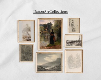May include: A collection of framed artwork in various styles, including landscapes, portraits, and sketches. The frames are all a light wood color and have a simple design. The artwork is displayed on a white wall.