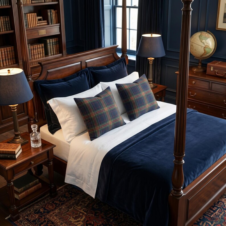 K&ouml;nnte beinhalten: Ein Himmelbett mit einer marineblauen Samtdecke und Kissen. Das Bett ist mit wei&szlig;en Laken und karierten Akzentkissen bezogen. Zwei Lampen mit marineblauen Schirmen stehen auf den Nachttischen. Eine Weltkugel und eine Kommode sind im Hintergrund zu sehen.