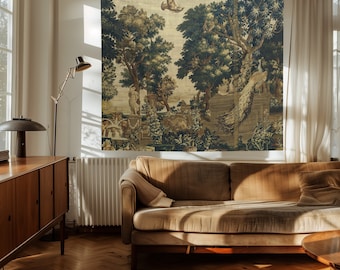 May include: A tapestry depicting a garden scene with trees, a fountain, and peacocks. The tapestry is in shades of green, brown, and beige, and features a stylized design.