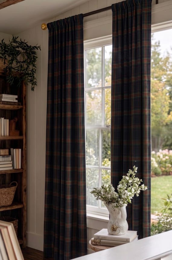Navy Red Green Tartan Plaid Window Curtains 84"/96" height | Classic Old Money Home