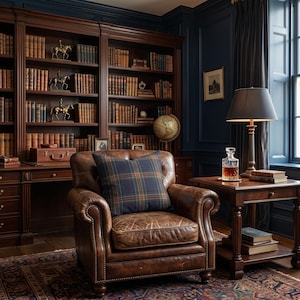 K&ouml;nnte beinhalten: Ein gem&uuml;tliches Bibliotheksinterieur mit einem braunen Ledersessel und einem karierten Kissen. Ein dunkles B&uuml;cherregal aus Holz ist mit B&uuml;chern gef&uuml;llt. Eine Tischlampe und eine Karaffe mit bernsteinfarbener Fl&uuml;ssigkeit stehen auf einem Beistelltisch. Die W&auml;nde sind dunkelblau.