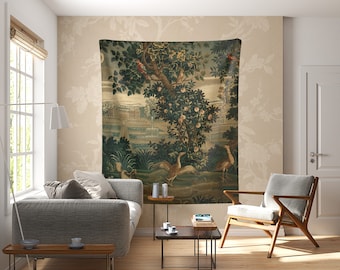 May include: A tapestry featuring a detailed depiction of a garden scene with birds, flowers, and a fountain. The tapestry is woven with intricate details and vibrant colors, creating a realistic and captivating image.