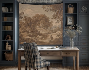 May include: A large rectangular wall tapestry featuring a sepia-toned landscape illustration of a pastoral scene with trees, a small pond, grazing cattle, and a figure with a dog. The artwork is printed in shades of brown and cream on fabric.