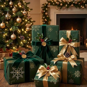 Goldene Schneeflocken auf weihnachtlichem Geschenkpapier | Urlaub Geschenkverpackung | Weihnachtsgeschenkpapier Elegantes Geschenkpapier