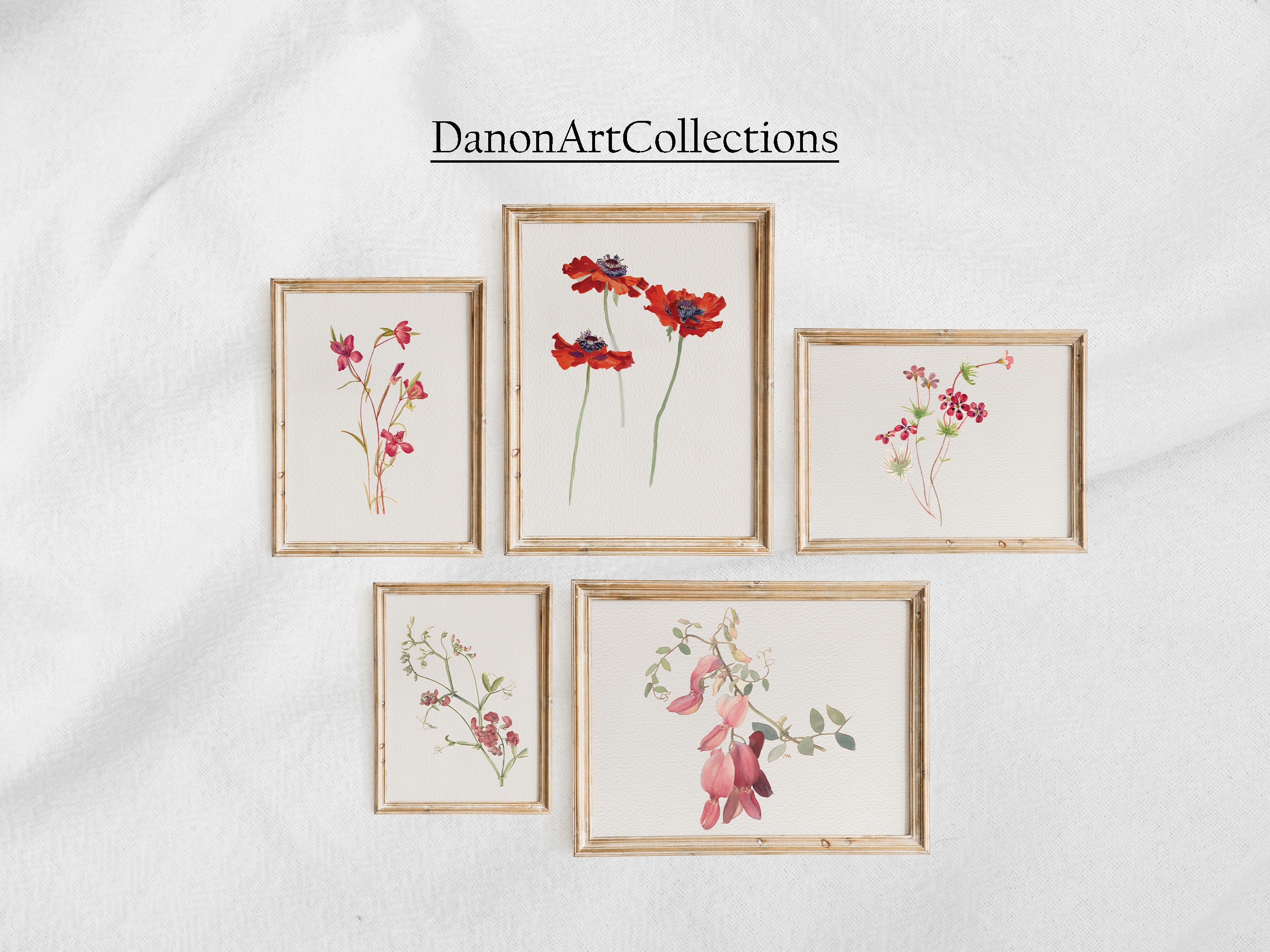 Tender Red Botanical Gallery Set - Vintage flowers 5 prints | Nursery Decor | DIGITAL DOWNLOAD | Printable Wall Art | #5158