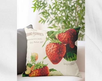 Affiche publicitaire vintage de fraises imprimée en EXTÉRIEUR coussin