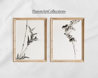 Japanese water color sketches-a set of two vintage prints | Watercolour flowers | Minimalist art | Printable art | Digital Download #5149