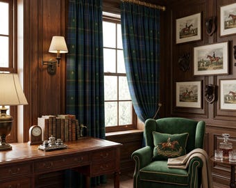 Cortina de ventana de tartán verde y azul con flores doradas / Hogar de lujo de la vieja aristocracia