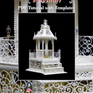 Op de afbeelding: Een wit paviljoen van koninklijke glazuur met ingewikkelde details, waaronder een prieel, trappen en leuningen. Het paviljoen staat op een zwarte achtergrond. De tekst "Royal Icing Pavilion" en "PDF Tutorial with Templates" wordt boven het paviljoen weergegeven. Social media-pictogrammen en contactgegevens worden onder het paviljoen weergegeven.