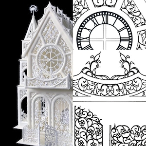 Może przedstawiać: Szczegółowy biały model architektoniczny ze skomplikowanymi wycinanymi wzorami, w tym tarczą zegara i ozdobnymi balustradami. Model przedstawia wieżę z ozdobą w kształcie kraba i czarne tło.
