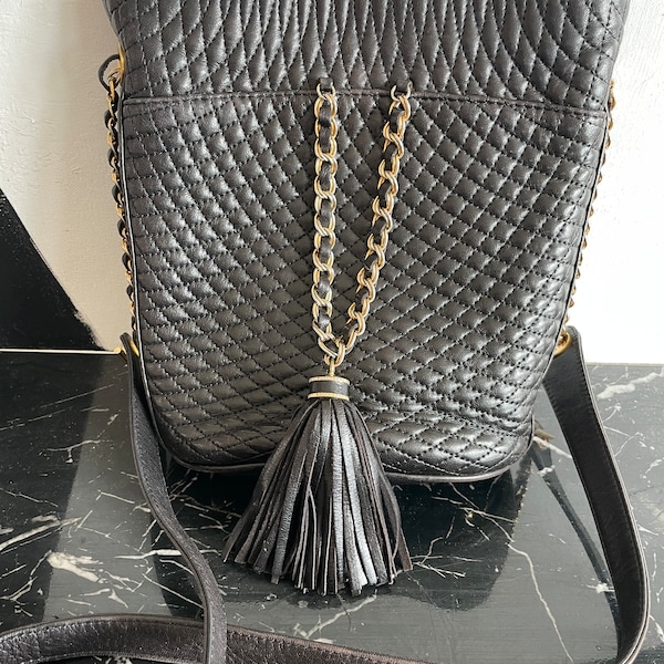 Vintage BALLY Quilted Black Leather Gold Chain Tassle Purse  RARE