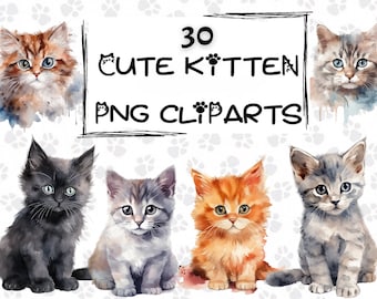Clipart di gattini ad acquerello, pacchetto PNG di gattini (download digitale)