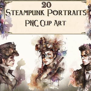20 Clipart Steampunk de retrato em aquarela |Steampunk PNG |Pacote de clipart vitoriano |Clipart de fantasia |Download digital instantâneo |Pacote de clipart