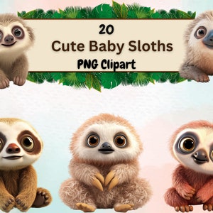 20 Sweet Little Baby Sloth Clipart, Baby Sloth con grandes ojos, Cartoon Baby Sloth, Realistic Baby Sloth, Descarga digital, PNG transparente