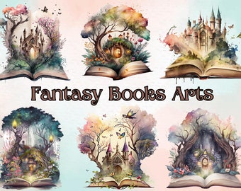 Clipart aquarel fantasieboeken | Magische bibliotheek, png (digitale download)