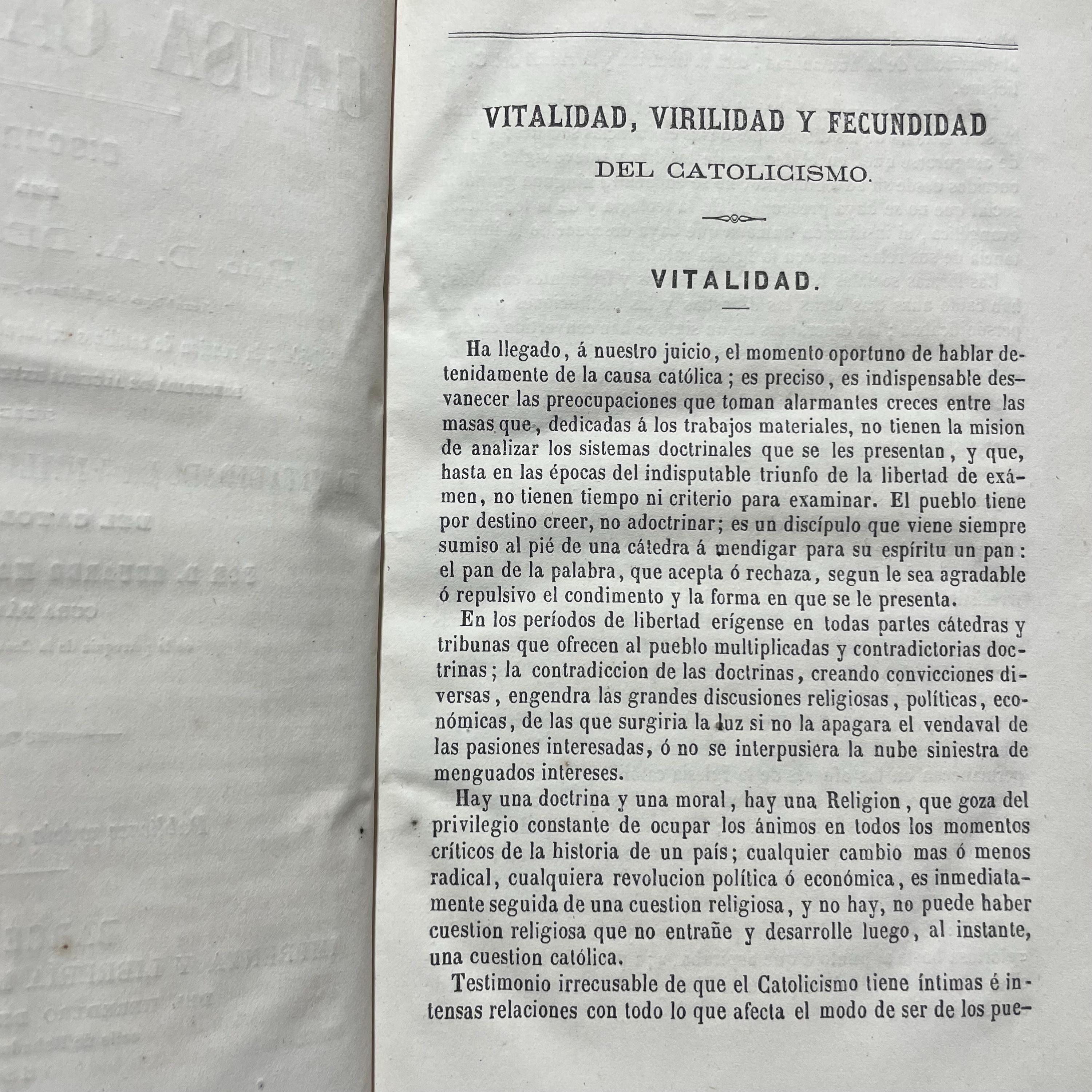 La Causa Catolica. Discurso Del Rmo. D.A. Deschamps… Dirigido a la reunion de catolicos celebrada en aquella ciudad el ano 1865. Precedida De Algunas Extensas Consideraciones sobre La Vitalidad, La Virilidad Y La Fecundidad Del Catolicismo Por D. Eduardo maria Vilarrasa, Cura Parroco de la parroquia de la Concepcion de Barcelona. Translated from Spanish: The Catholic Cause. Speech by the Most Reverend D.A. Deschamps... Addressed to the meeting of Catholics held in that city in the year 1865. Preceded by Some Extensive Considerations on the Vitality, Virility, and Fertility of Catholicism by D. Eduardo María Vilarrasa, Parish Priest of the Parish of the Conception of Barcelona — photograph 9.