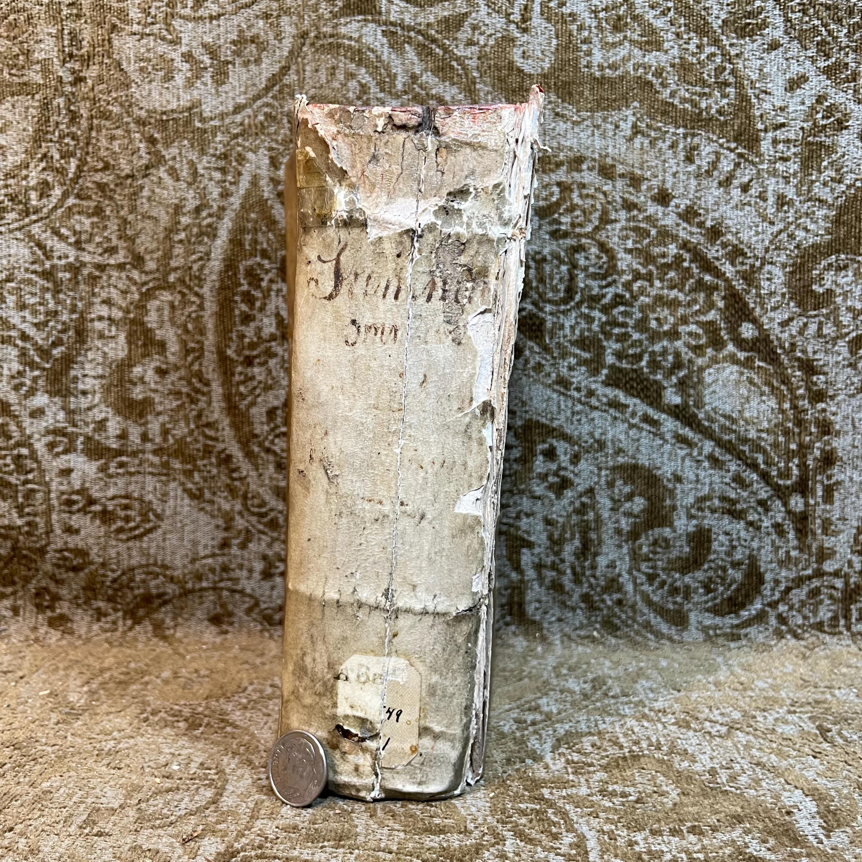 SUMMA OMNIUM CONCILIORUM ET PONTIFICUM, collecta per F. Barth. Carranzam Miranden. Ordinis Praedicatorum. Accesserunt Statuta quaedam Synodalia Parisiensis & Senonensis Ecclesiae. Appendix Conciliorum Galliæ collectionis P. Sirmondi, & Societate Nominis Jesu Presbyteri. Et Annotationes quam-plurimae Francisci Sylvii sacrae Theologiae Doctoris ejusdemque in Universitate Duacena Regii Professoris, pro commoda locorum difficiliorum intelligentia. Additae sunt etiam nonnullae Annotationes in hac nova Editione, quarum maximam partem habes in Prolegomenis. Translated: Summary Of All Councils And Pontiffs, compiled by F. Barth. Carranza of Miranda, of the Order of Preachers. Certain statutes have been added from the Synods of the Churches of Paris and Sens. An Appendix of French Councils from the collection of P. Sirmond, a Priest of the Society of Jesus. And numerous annotations by Francis Sylvius, Doctor of Sacred Theology and Royal Professor at the University of Douai, for the convenience of understanding difficult passages. Also included are several annotations in this new edition, most of which can be found in the Prolegomena. — photograph 3.