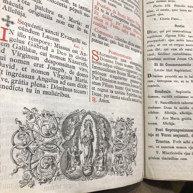 Missale Novum Monasticum Pauli V. Pont. Maximi Auctoritate Recognitum. Pro Omnibus Sub Regula S.P. Benedicti Militantibus, In Quo Missae Propriae de Santis, ac Festis Novissimis, Summis Pontificibus ab An. 1640, .& ad 1679. Tum de Praecepto, tum ad libitum celebrari concessae, omnes suis locis, pro celebrantium commoditate, ad longum extensae, & appositae sunt. Translated from Latin: The New Monastic Missal of Paul V. Pontus Recognized by the greatest authority. For All Under Rule S.P. Blessed Militants, In Which Masses Proper of the Saints, and of the Most Recent Feasts, of the Supreme Pontiffs by An. 1640, .& to 1679. Both of the Precept, and of those permitted to be celebrated at will, all in their places, for the convenience of the celebrants, were extended to a length, and were placed — photograph 8.
