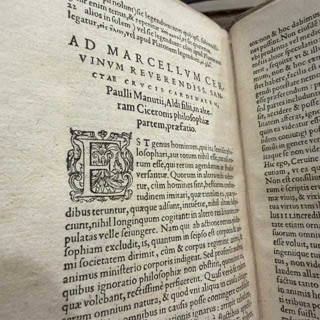 M. Tullii Ciceronis Philosophicorum Pars Secunda, Continens De Natura Deorum Libros III, De Divinatione Libros II, De Fato Librum I, De Legibus Libros III, and Fragmenta Librorum Philosophicorum; with M. Tullii Ciceronis De Officiis Libri III, Cato Maior, Seu De Senectute, Laelius, Seu De Amicitia, Paradoxa Stoicorum Sex, Fragmenta Poematum Including the Aratea, and De Petitione Consulatus. Ex Dionysii Lambini Emendatione. Translated: Cicero, Marcus Tullius. Philosophical Works, Parts Two and Three, Containing On the Nature of the Gods, On Divination, On Fate, On the Laws, On Duties, On Old Age, On Friendship, the Stoic Paradoxes, Poetical Fragments Including the Aratea, and On Canvassing for the Consulship. Edited and Annotated by Denis Lambin. Two Parts Bound in One Volume. — photograph 10.