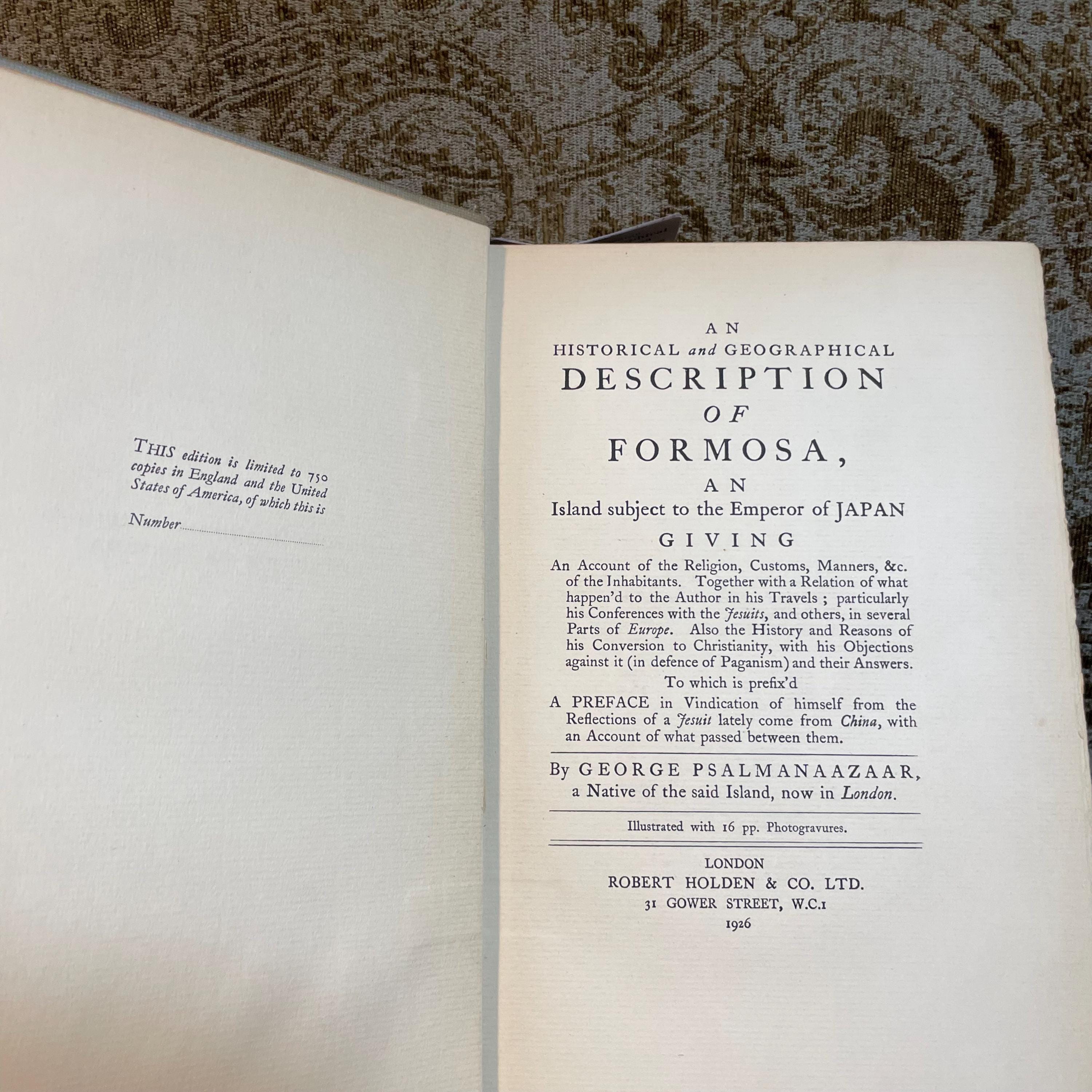 The Library of Imposters-Volume II. An Historical and Geographical Description of Formosa, an Island Subject to the Emperor of Japan Giving an Axccount of The Religion, Customs, Manners, &c. of the inhabitants. Together with a relation of what happen'd to the Author in his Travels; particularly his Conferences with the Jesuits, and others, in severl Parts of Europe. Also the History nd Reasons of his Conversion to Christianity, with his Objections against it (in defence of Paganism) and their answers. To which is Prefix'd a Preface in Vindication of himself from the Reflections of a Jesuit lately come from China, with an Account of what passed between them. Illustrated with 16 pp. Photogravures. Limited Edition of 750. — photograph 3.