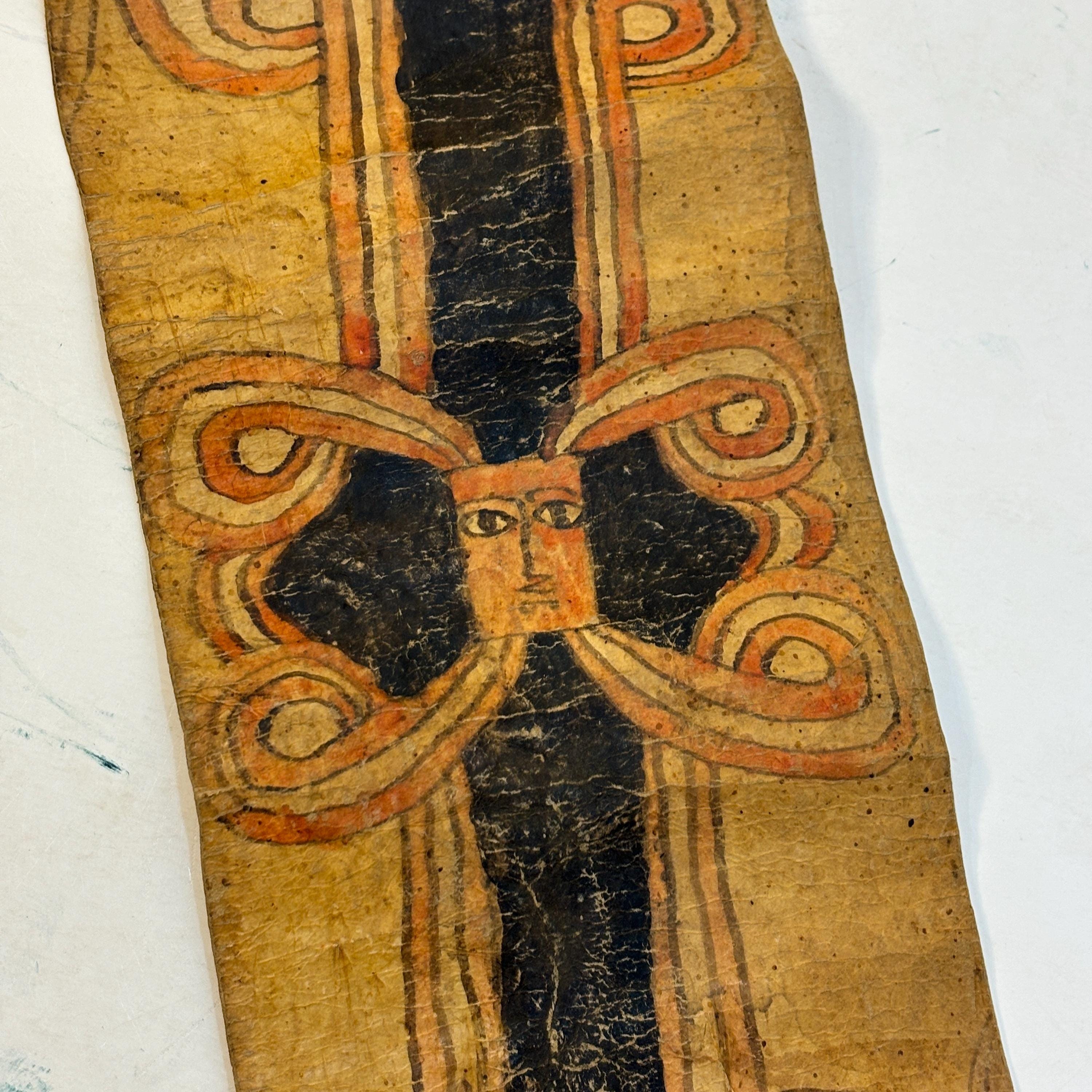 Ethiopian Manuscript Healing Scroll 4" x 82" with 3 images and 191 lines of text in three sheets of hide, connected with leather stitches — photograph 7.